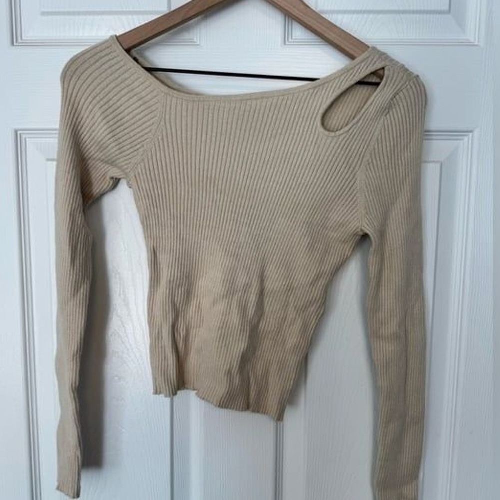 Noisy May Knit Top Womens Small Beige Viscose Ribbed One Shoulder Cutout New Y2K